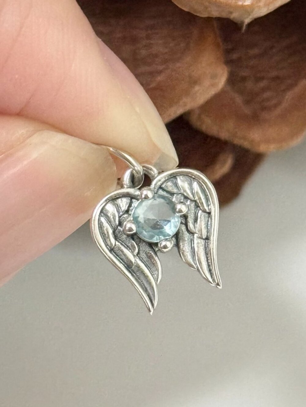 Angel Wings March Birthstone Charm-Lab-Created Aqua Spinel